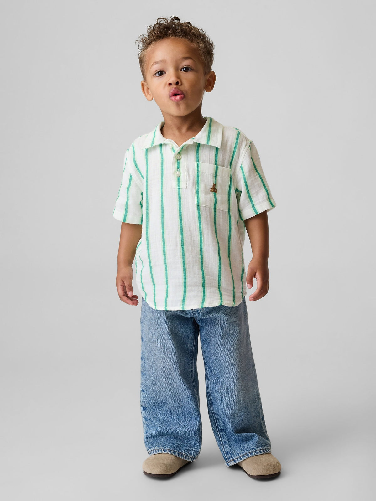 Mavi Pamuk Gauze Baskılı Polo T-shirt