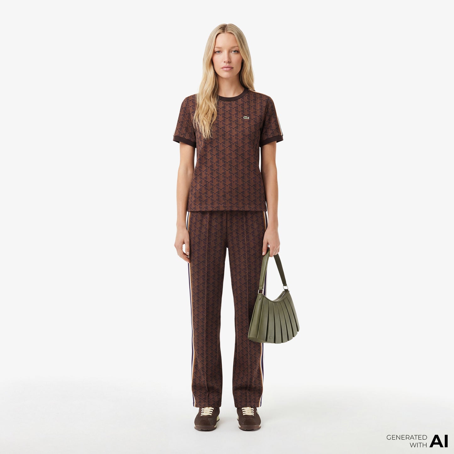 Lacoste Monogram Slim Fit Jacquard Kadın Kahverengi T-shirt