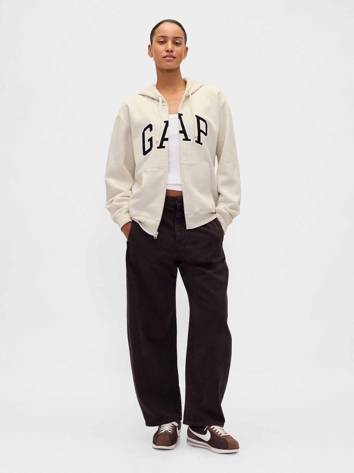 Krem Gap Logo Relaxed Fleece Fermuarlı Sweatshirt