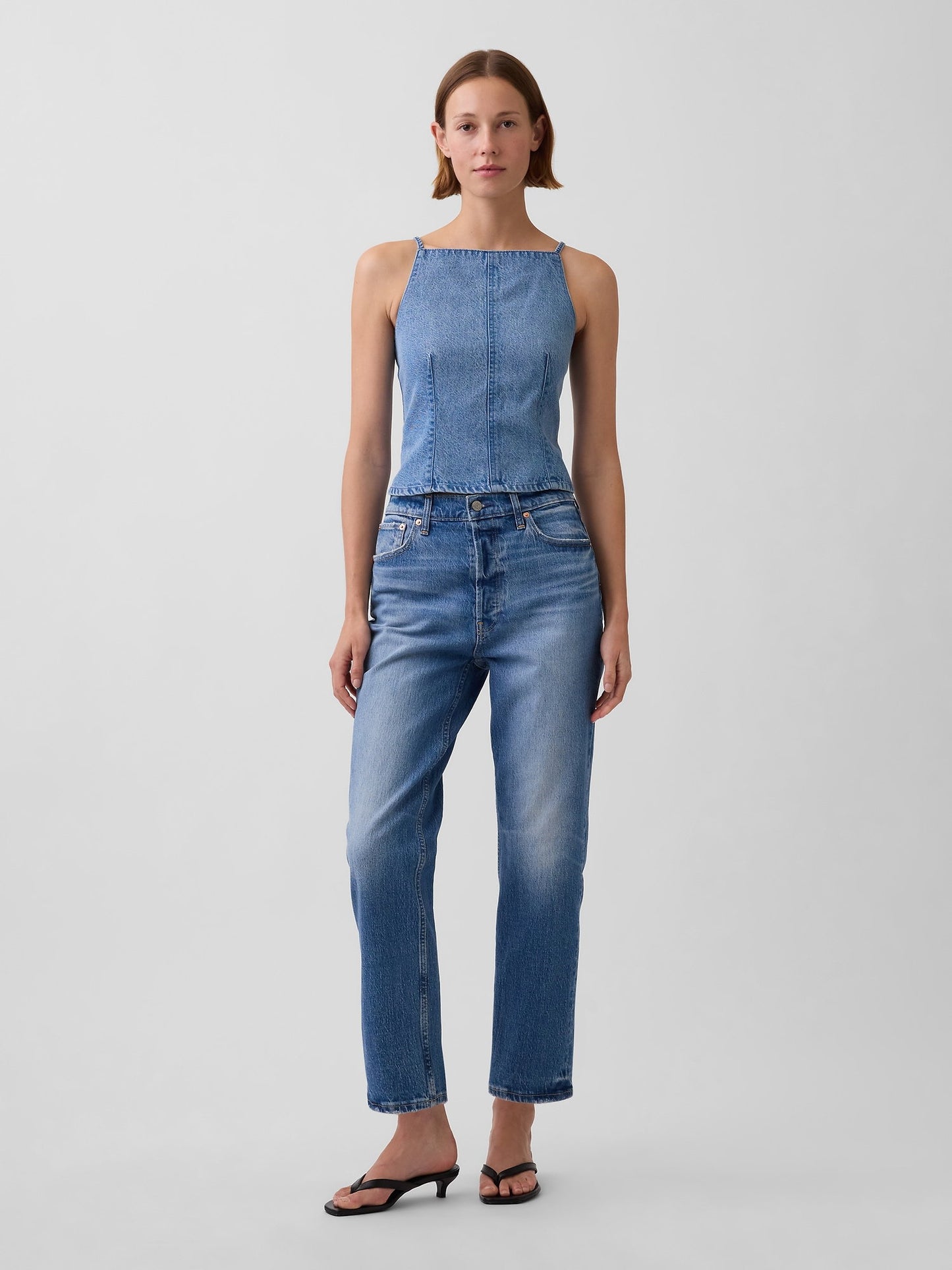 Koyu Mavi Ultrasoft Denim Dikişli Kare Yaka Üst