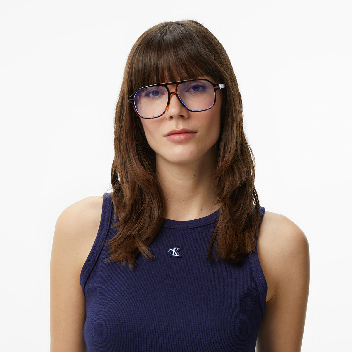 Calvin Klein Monogram Patch Waffle Racer Kadın Mavi Kolsuz T-shirt
