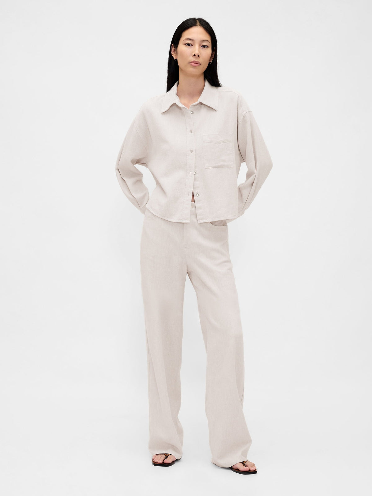Kırık Beyaz Keten Karışımı Oversized Gömlek