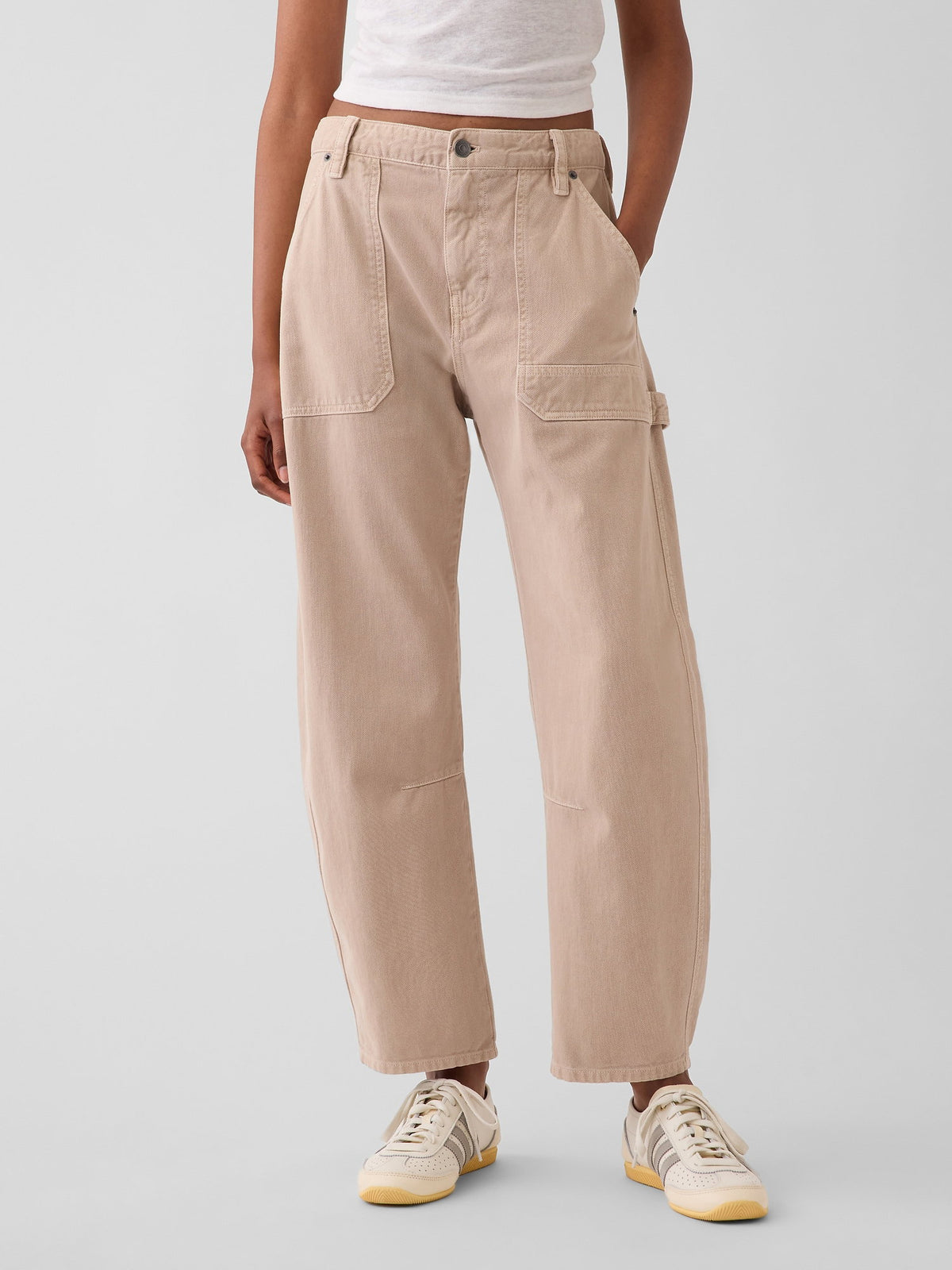 Bej Mid Rise Barrel Utility Ankle Pantolon