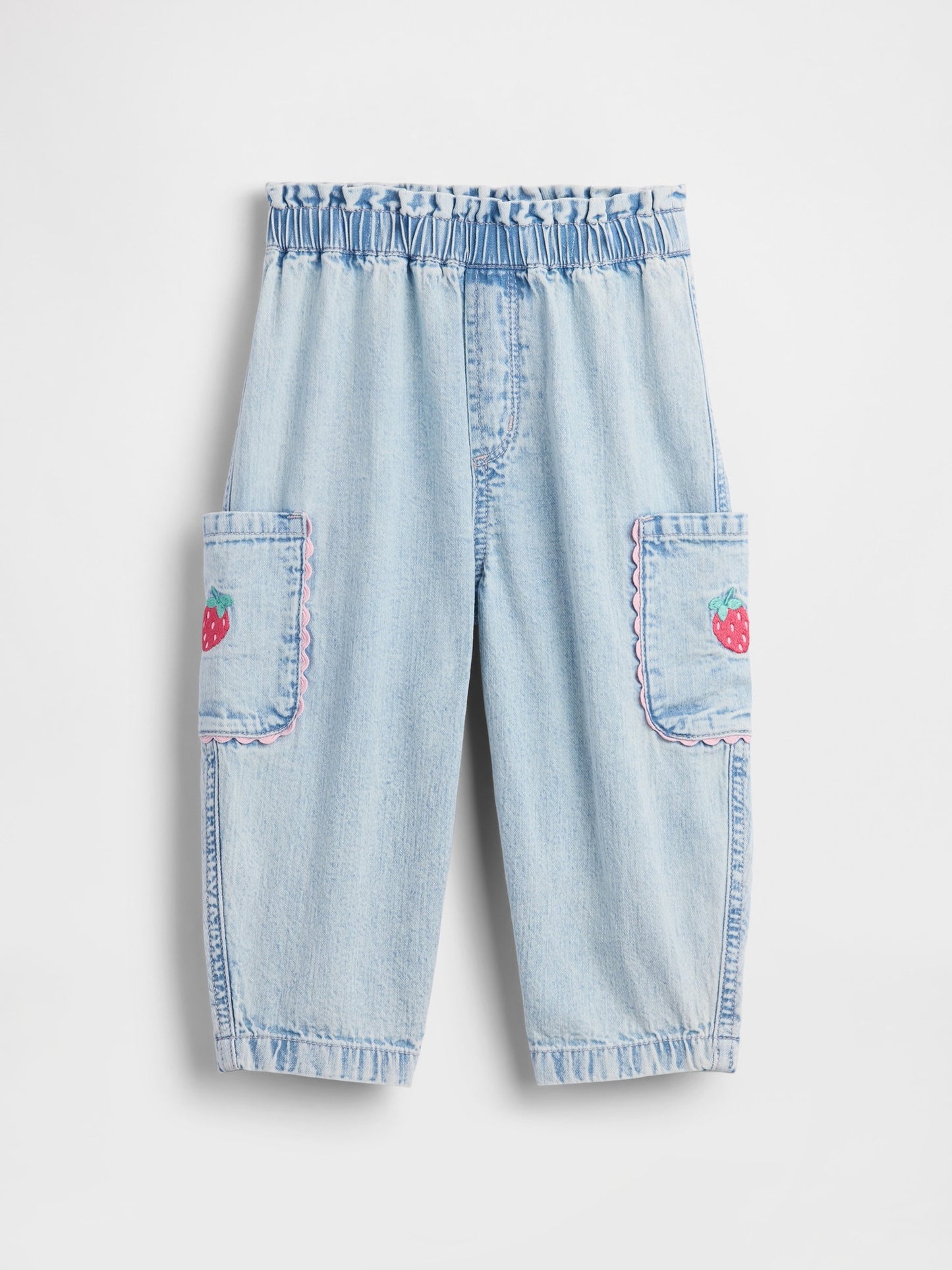 Açık Mavi Pull-on Çilek Işlemeli Kargo Barrel Jean Pantolon