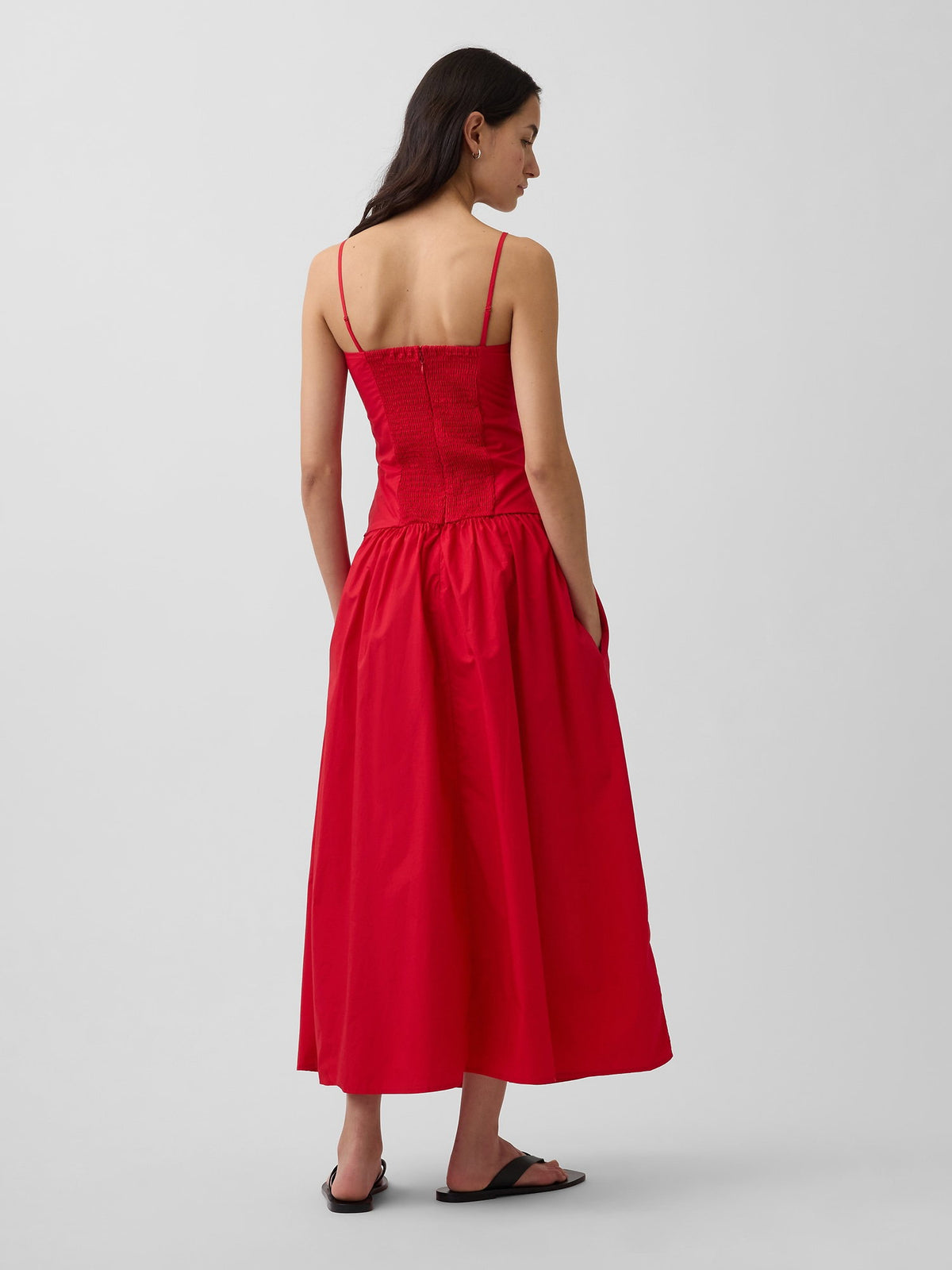 Kırmızı Poplin Drop-waist Maxi Elbise