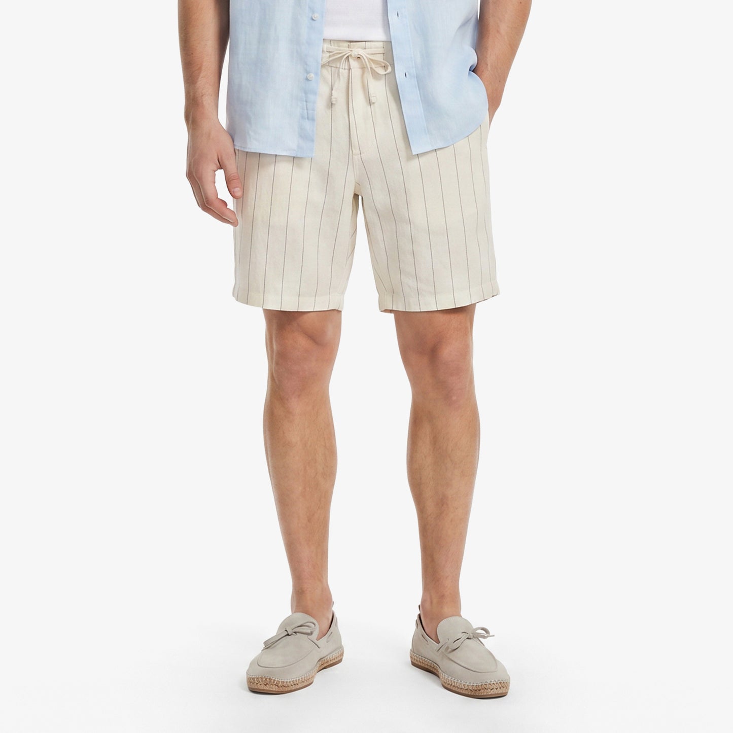 Nautica Erkek Krem Regular Fit Çizgili Keten Şort