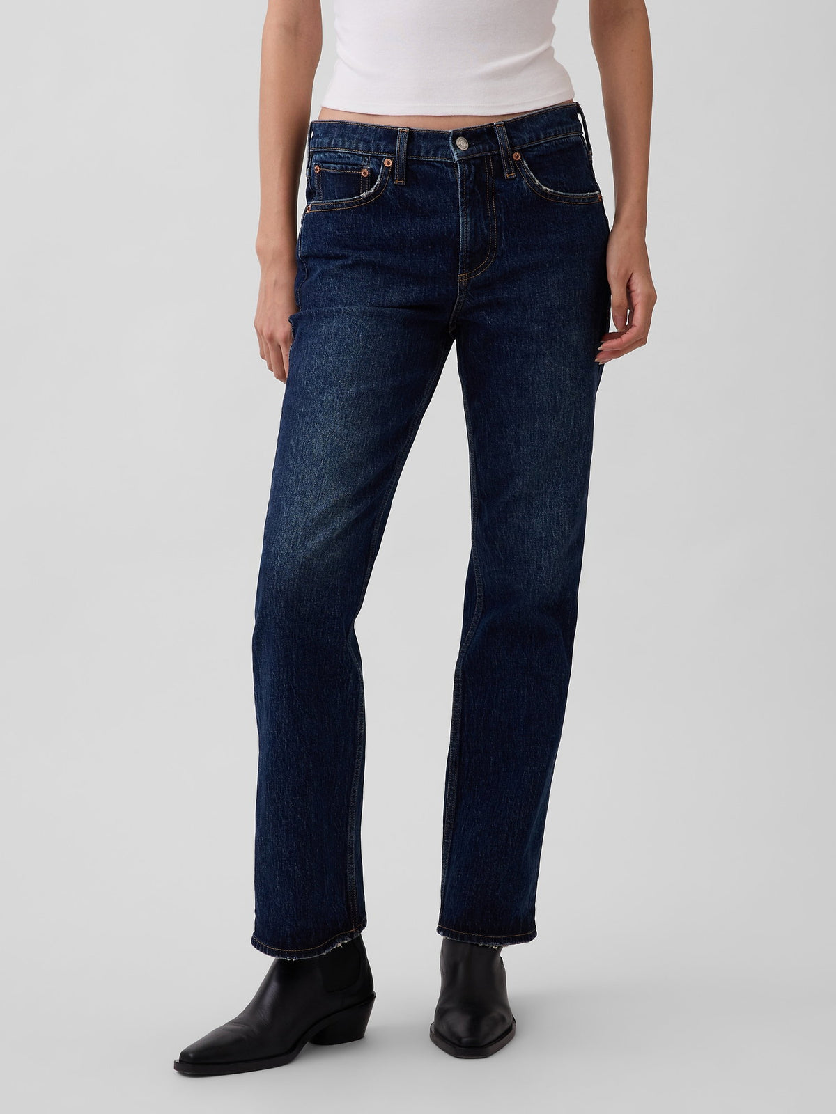 Koyu Mavi Mid Rise Relaxed Straight Jean Pantolon
