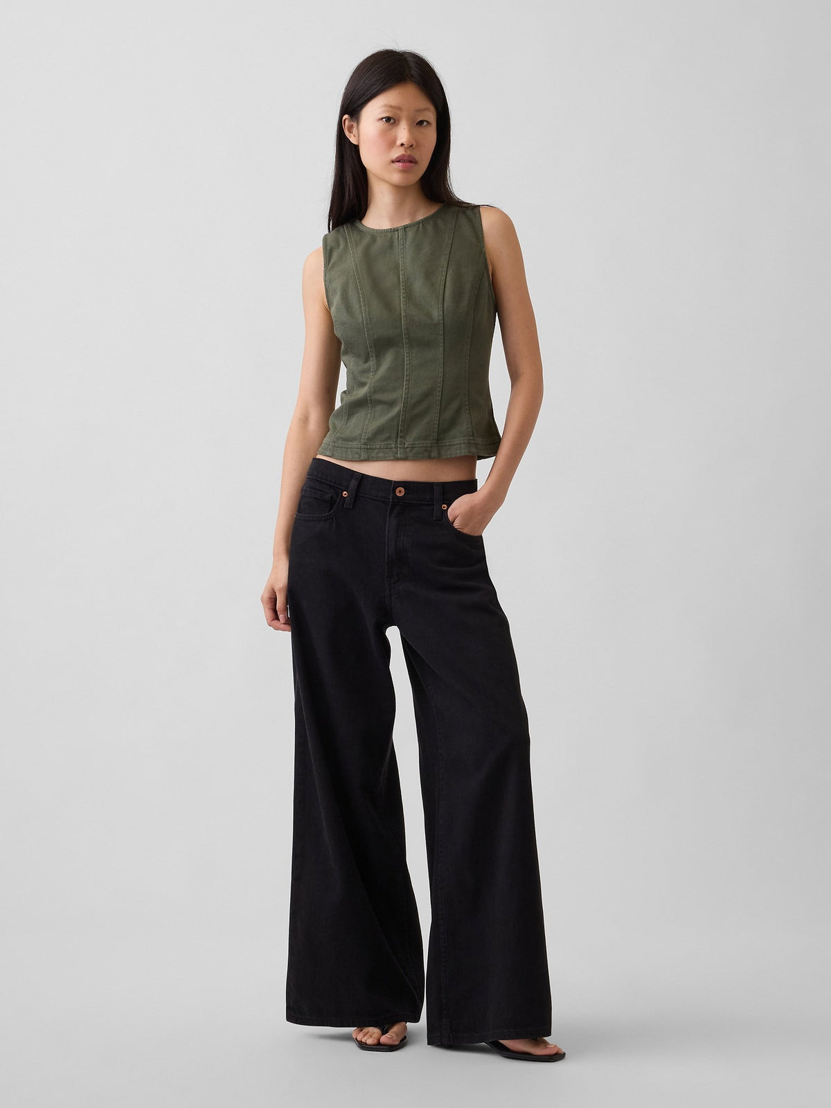 Haki Seamed Twill Crop Shell Bluz