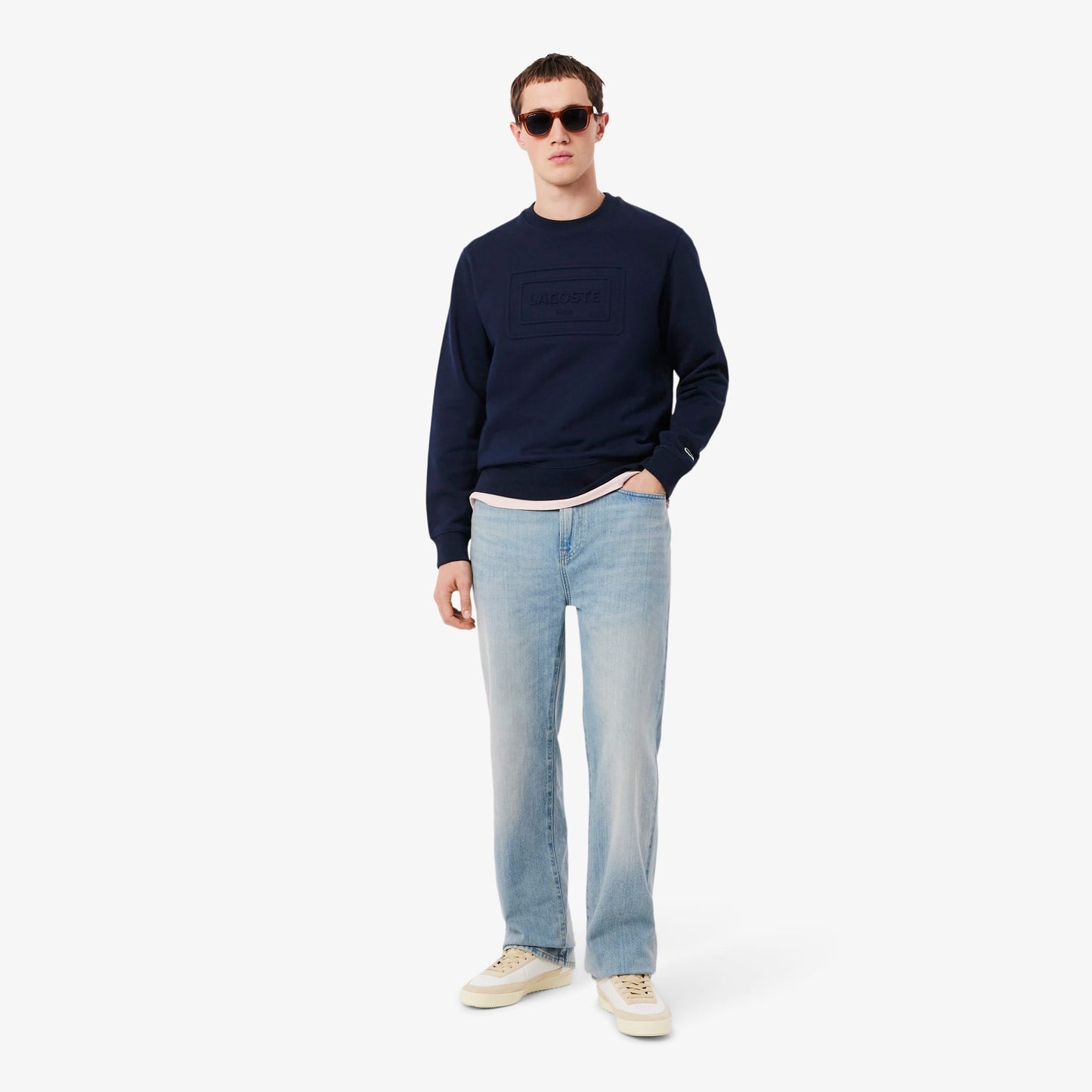 Lacoste Unisex Classic Fit Bisiklet Yaka Baskılı Lacivert Sweatshirt