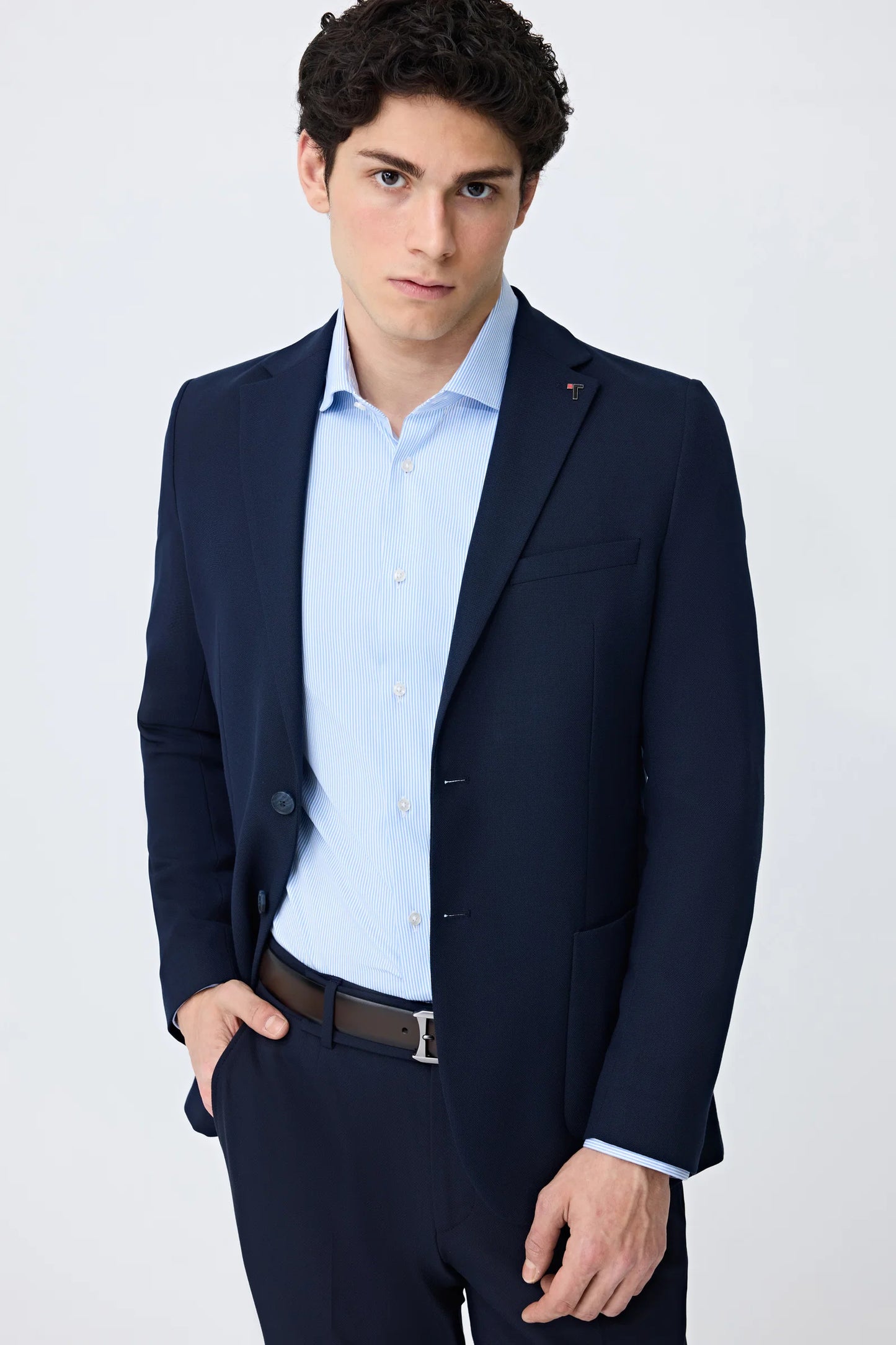 Tween Slim Fit Lacivert Armürlü Kumaş Ceket