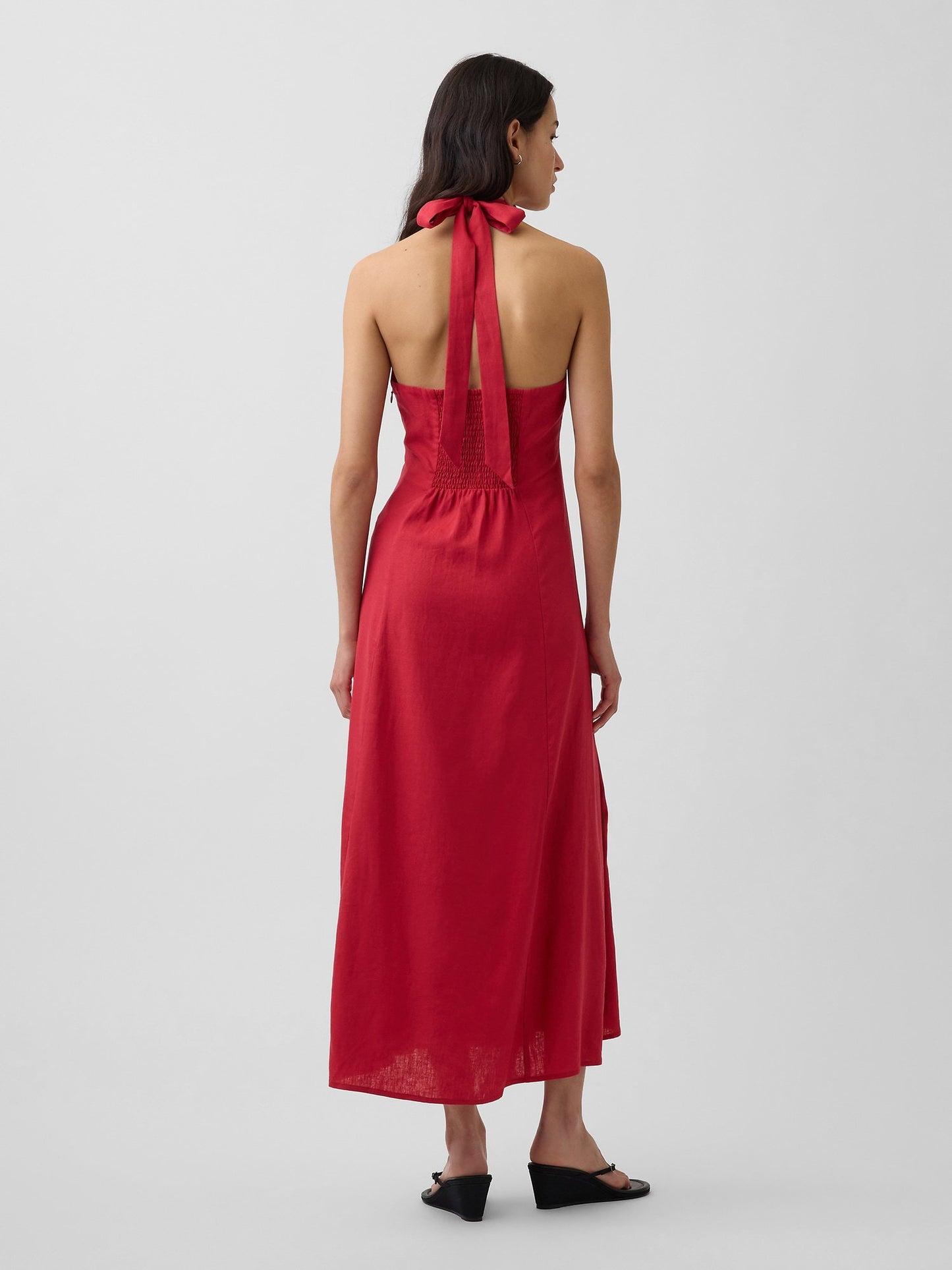 Kırmızı Keten Karışımlı Halter Maxi Elbise