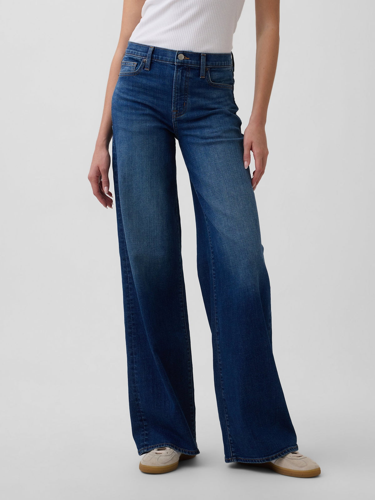Koyu Mavi Mid Rise Wide-leg Jean Pantolon