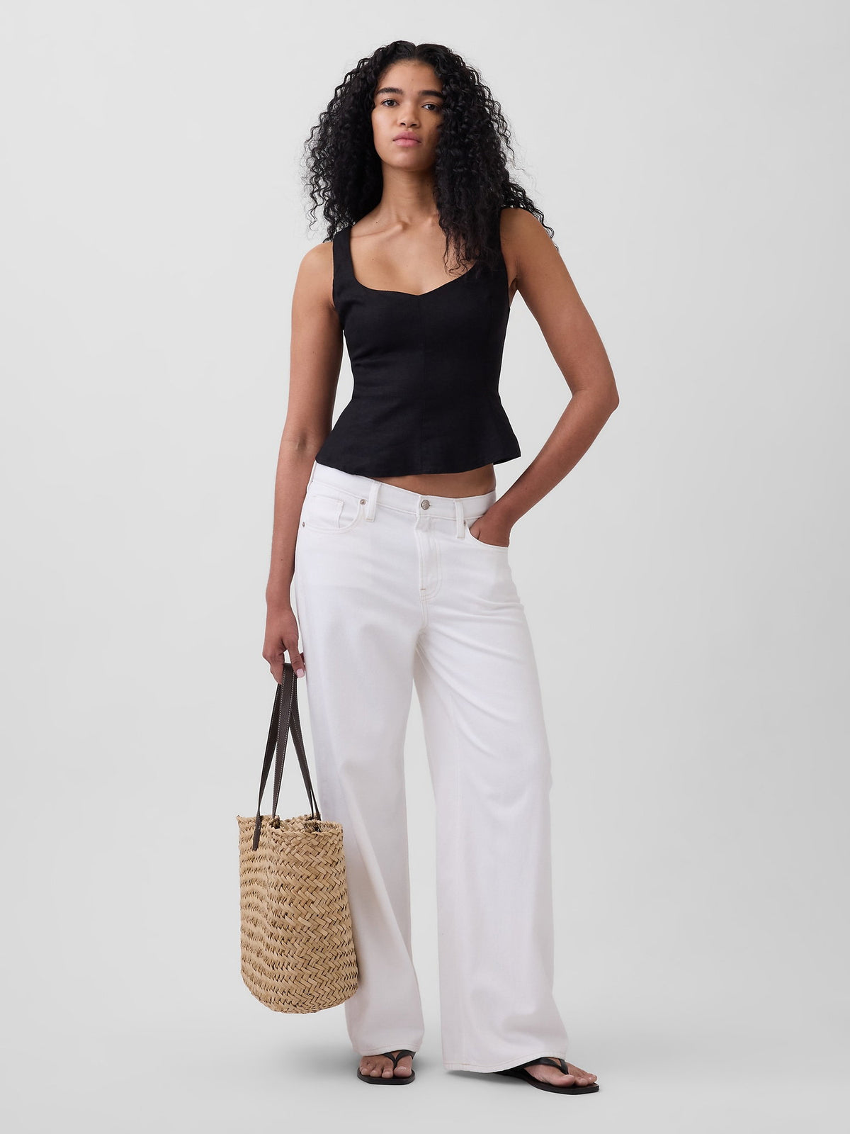 Siyah Keten Karışımlı Peplum Bluz