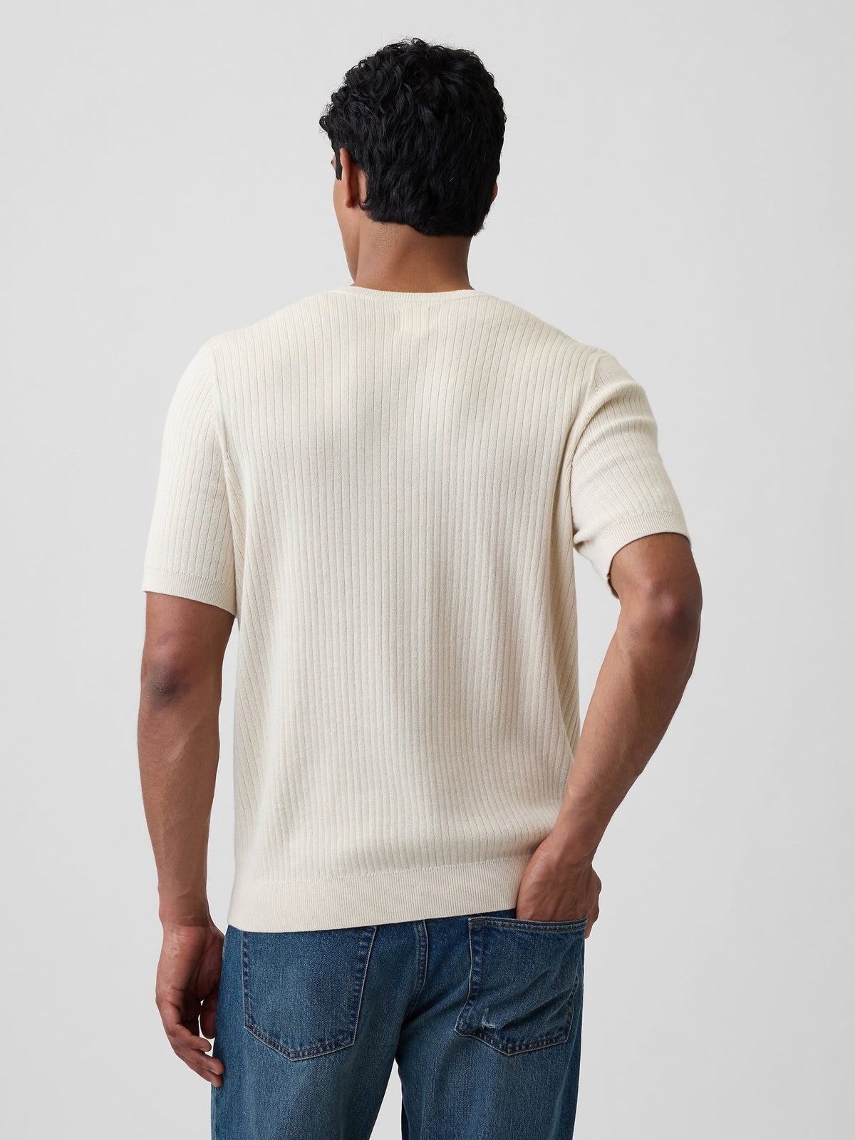 Krem Ribbed Bisiklet Yaka Triko T-shirt