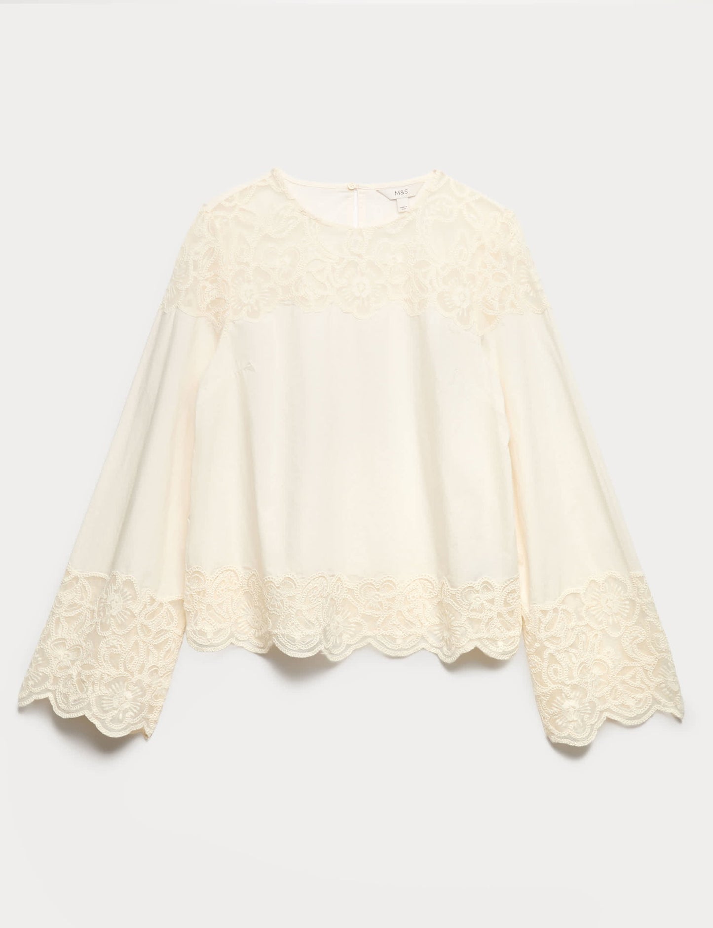 Saf Pamuk Işlemeli Cutwork Bluz