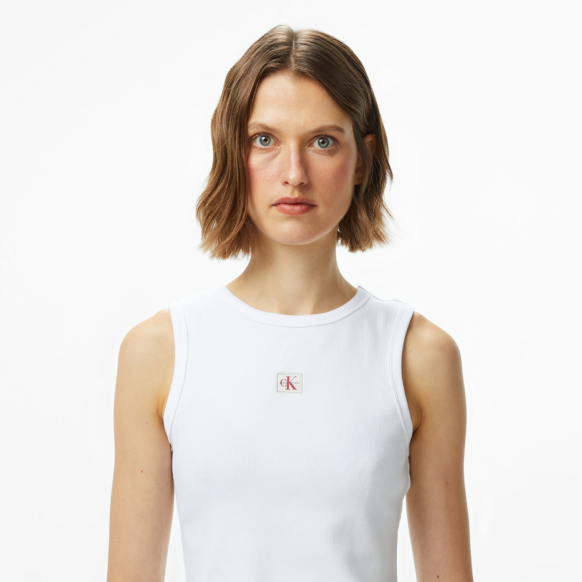 Calvin Klein Woven Label 2x2 Baby Rib Kadın Beyaz Kolsuz T-shirt