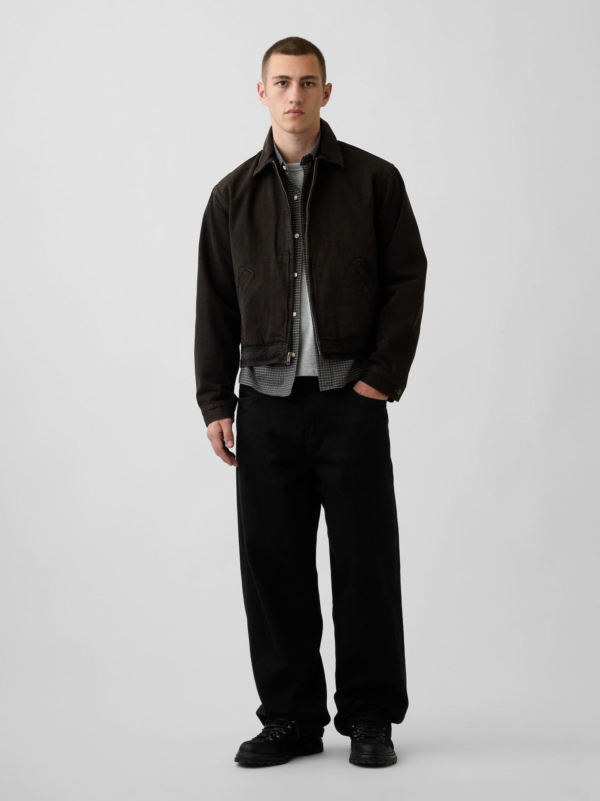 Gri Relaxed Crop Straight-hem Oxford Gömlek