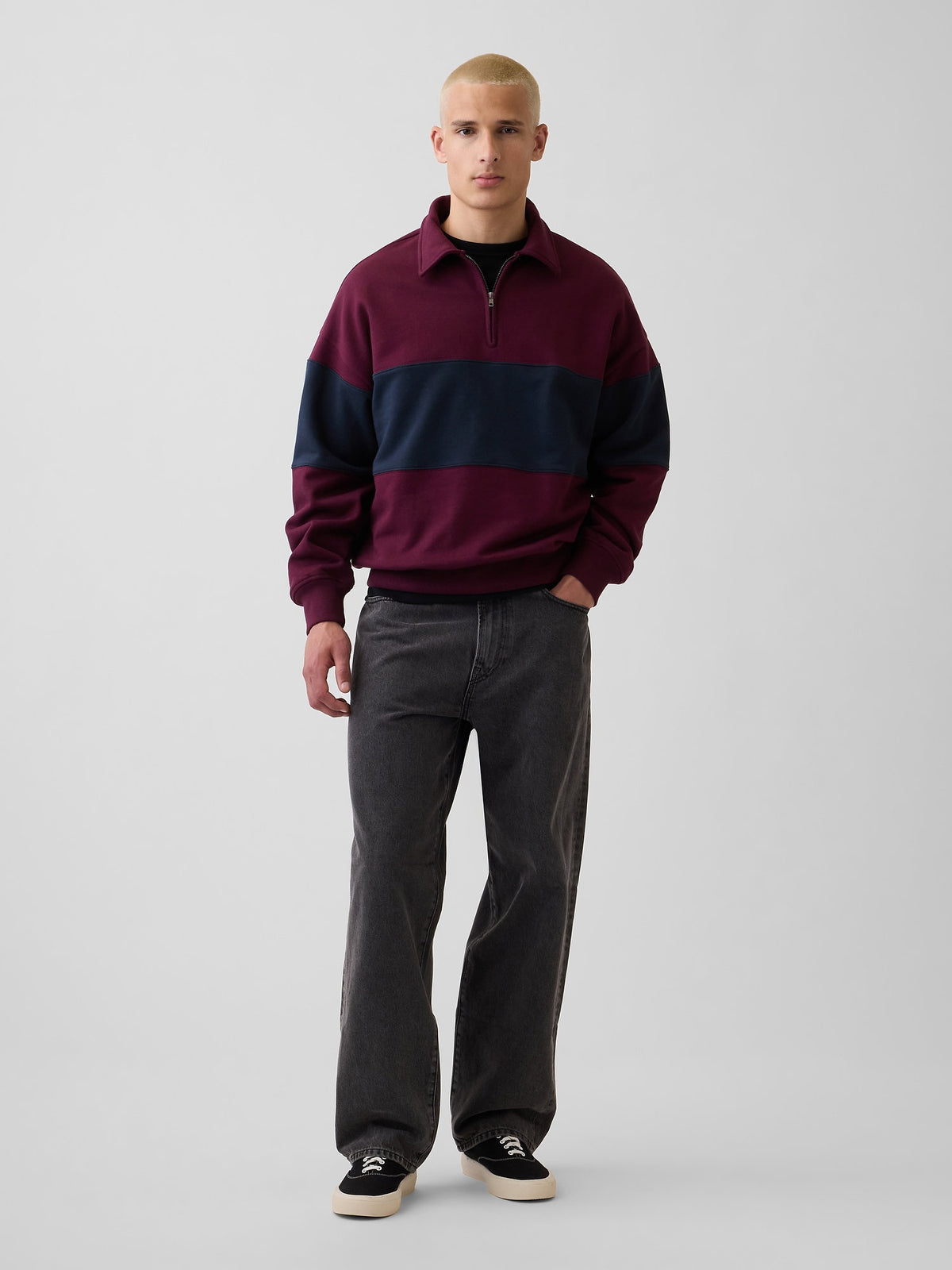 Bordo Heavyweight Oversized Çizgili Yarım Fermuarlı Sweatshirt