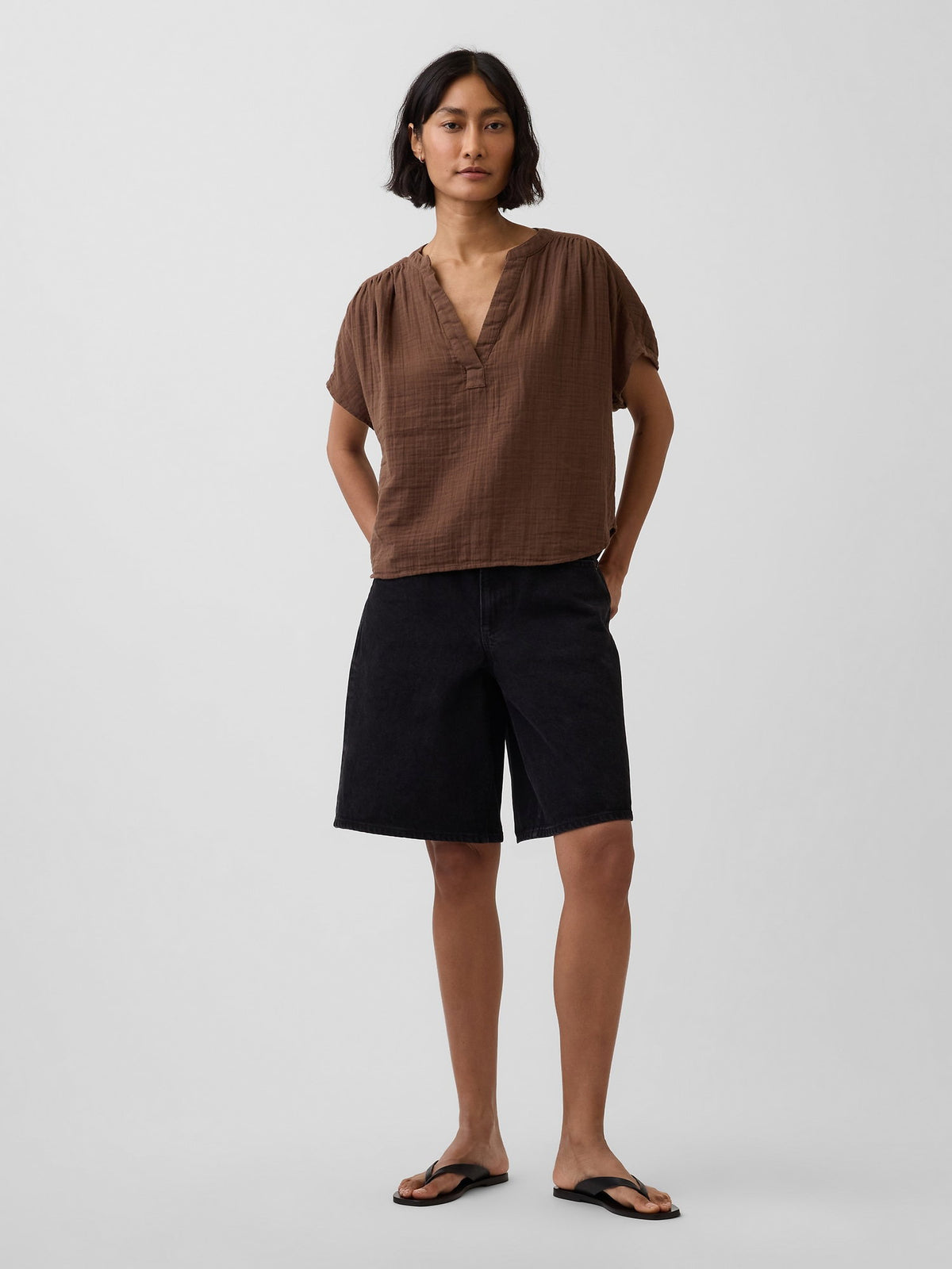 Kahverengi Pamuk Gauze Oversized Split-neck Üst
