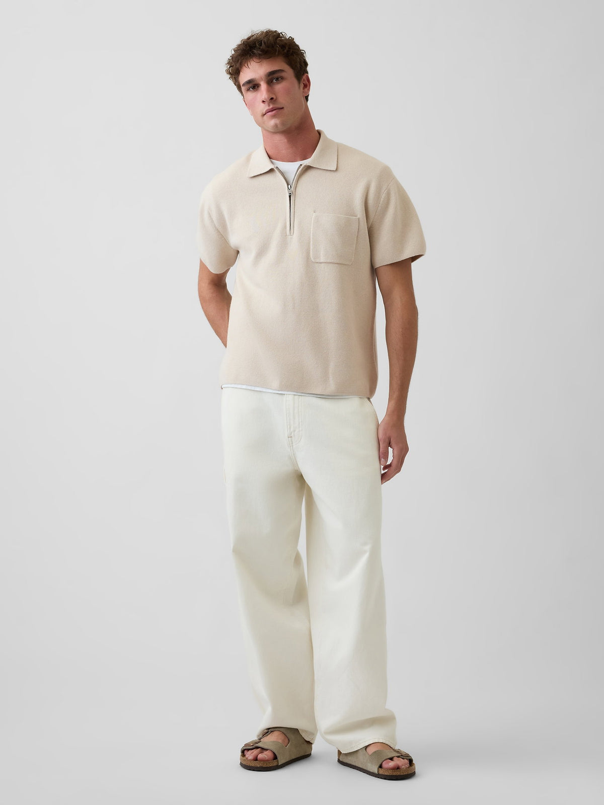 Bej Oversized Yarım Fermuarlı Cepli Triko Polo T-shirt