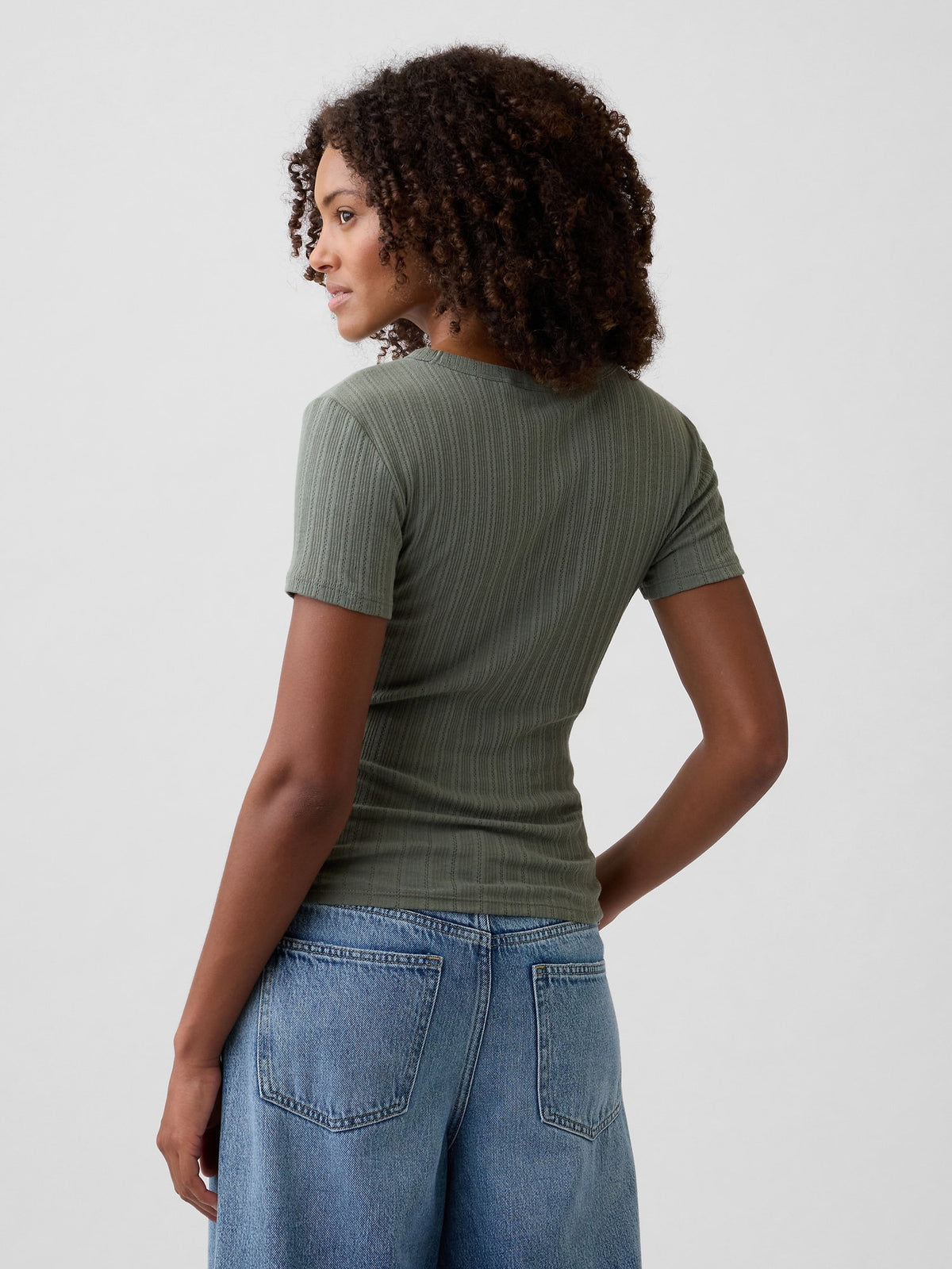 Haki Fitilli Pointelle Crewneck T-shirt