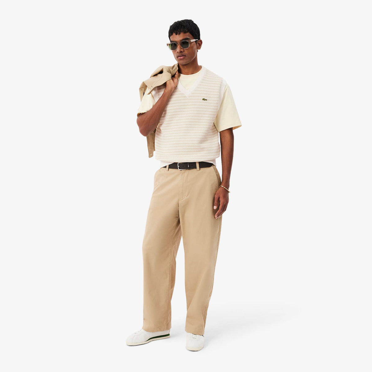 Lacoste Erkek Classic Fit V Yaka Krem Süveter
