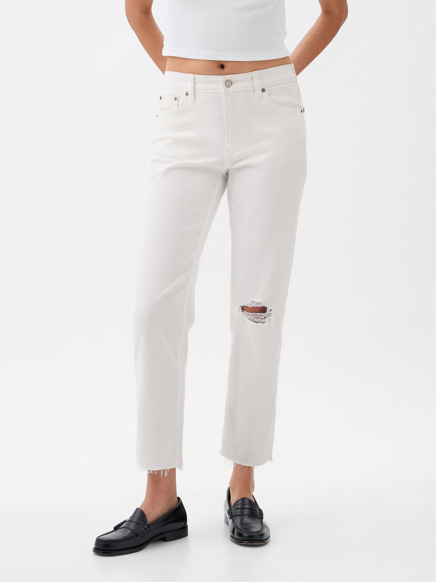Beyaz High Rise Cheeky Straight Jean Pantolon