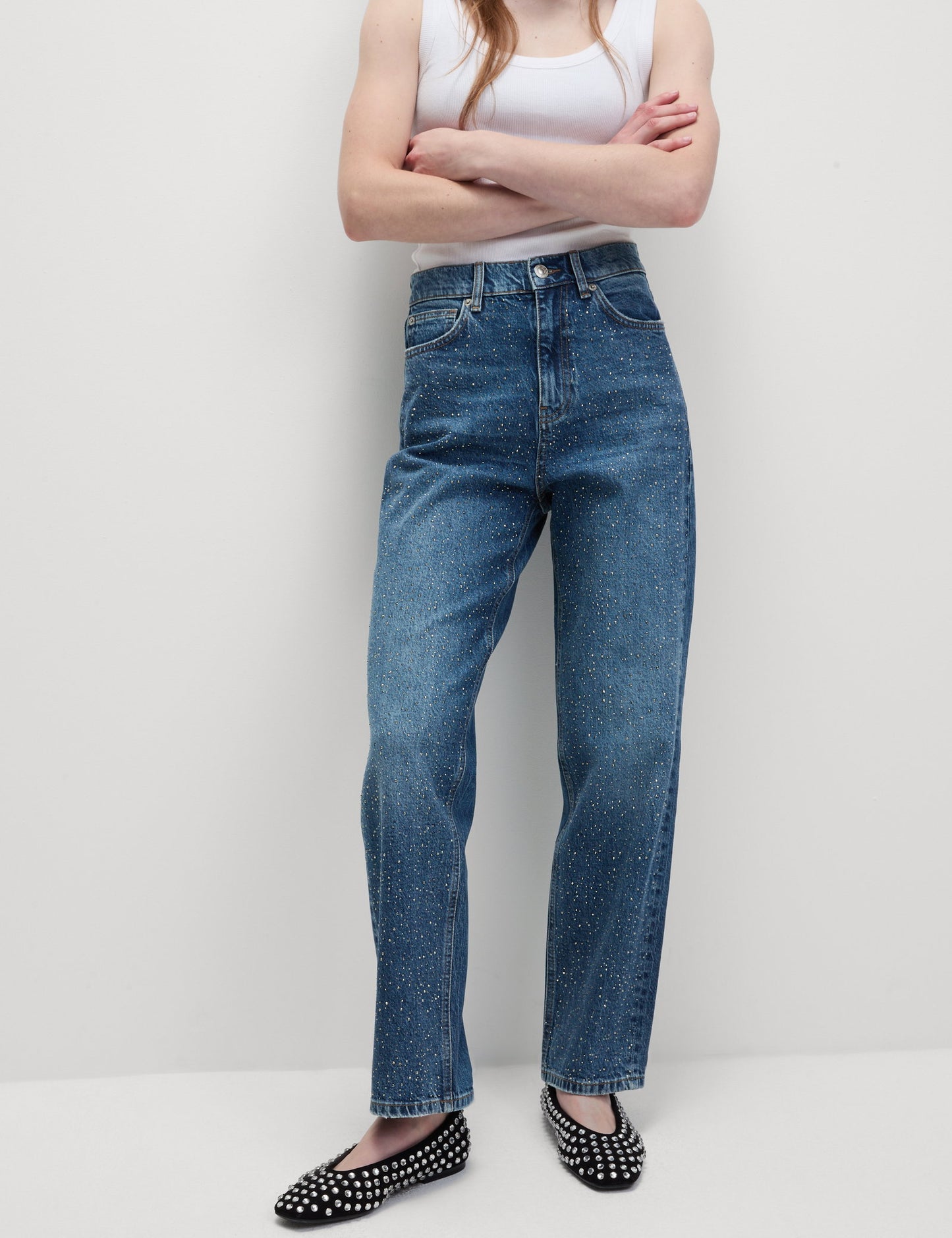 Işlemeli Yüksek Bel Straight Leg Jean Pantolon