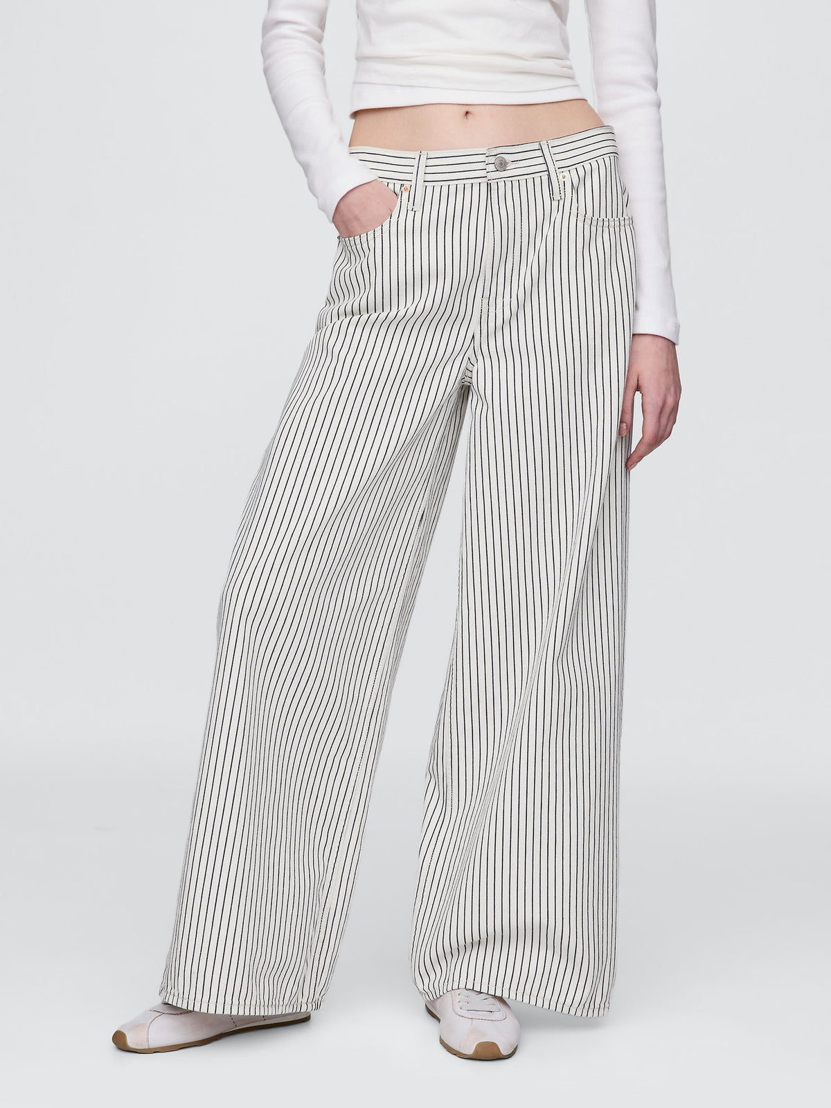 Kırık Beyaz Mid Rise Denim Çizgili Baggy Jean Pantolon