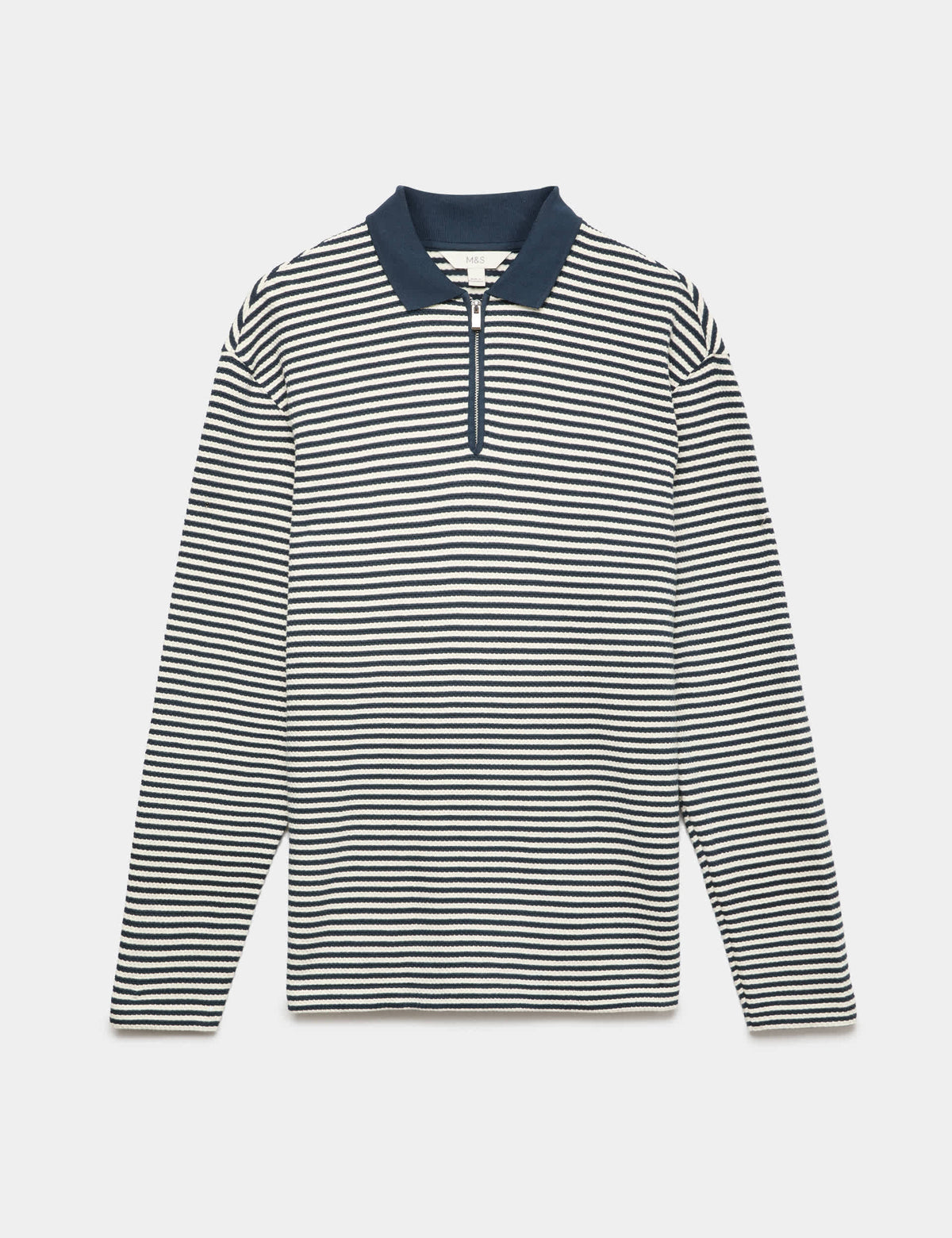 Saf Pamuklu Çizgili Yarım Fermuarlı Polo Yaka T-shirt