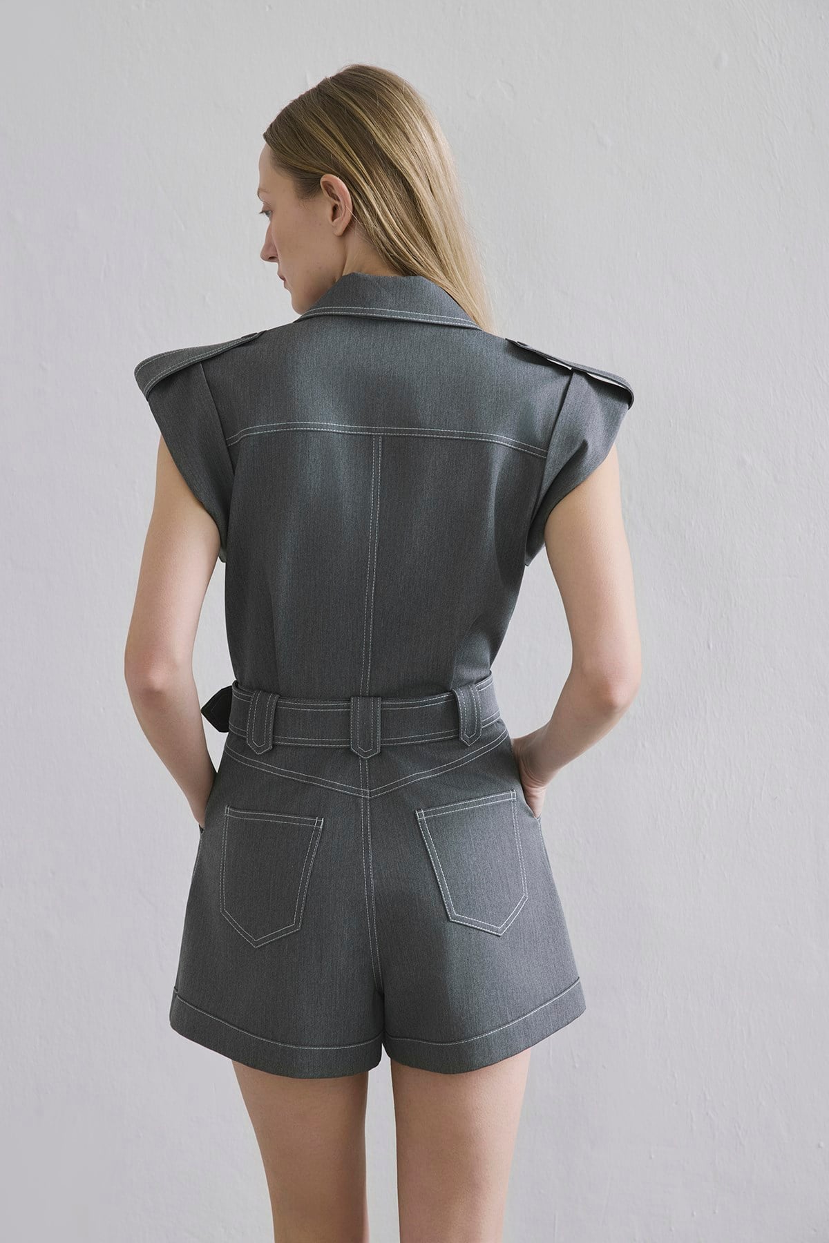 Denim Kontras Kemerli Gri Tulum