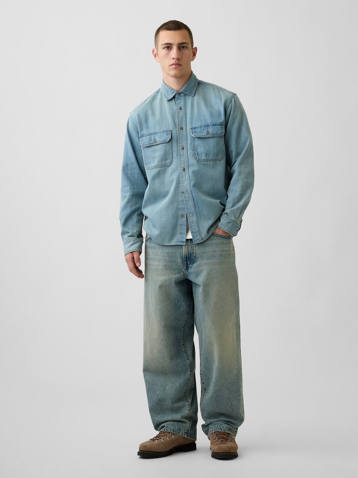 Açık Mavi Ultrasoft Denim Relaxed Utility Gömlek
