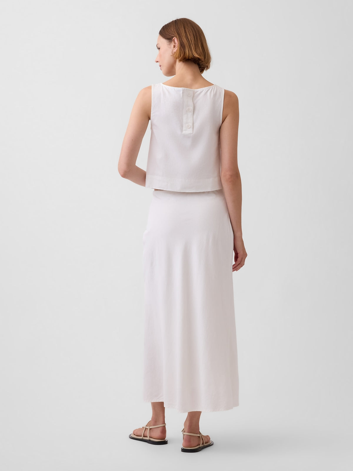 Beyaz Keten Karışımı Maxi Slip Etek