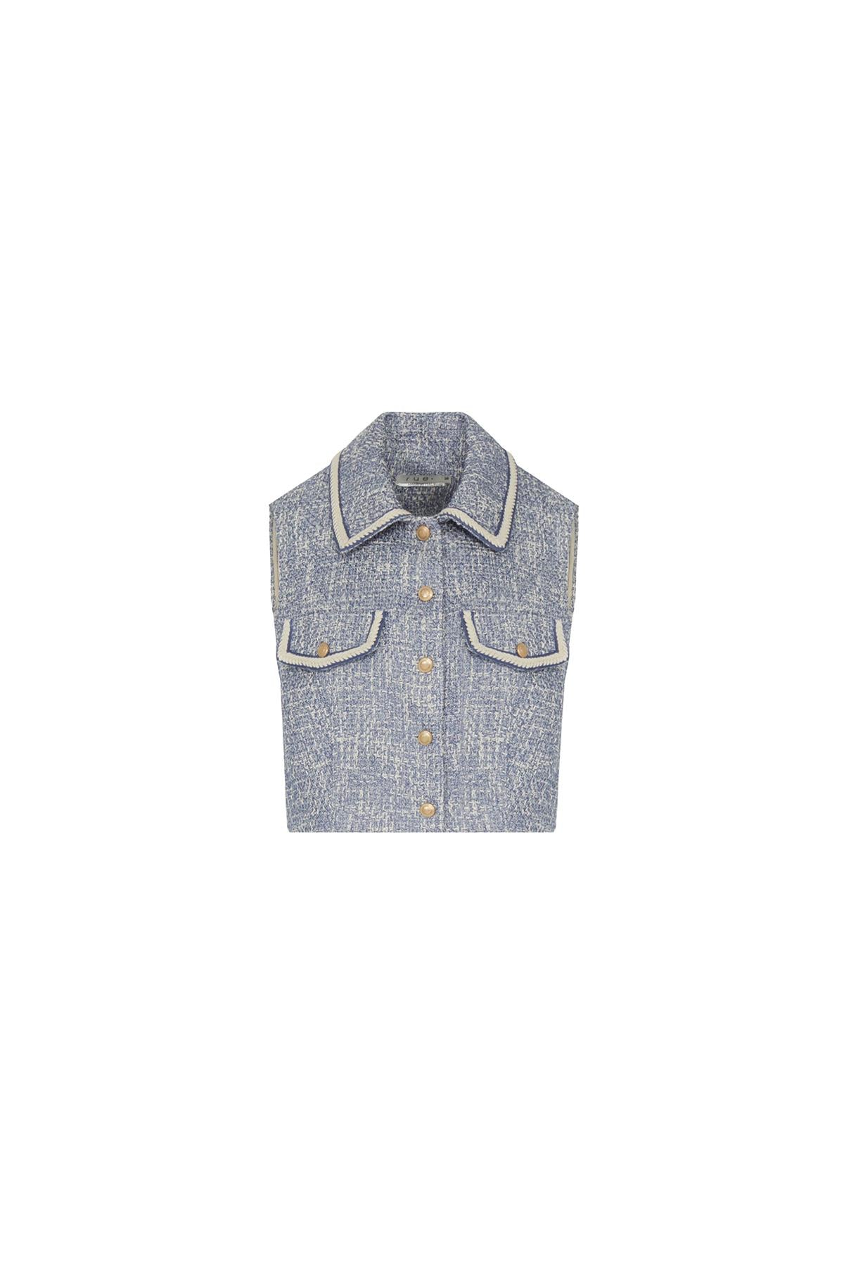 Gold Düğme Detaylı Indigo Crop Yelek