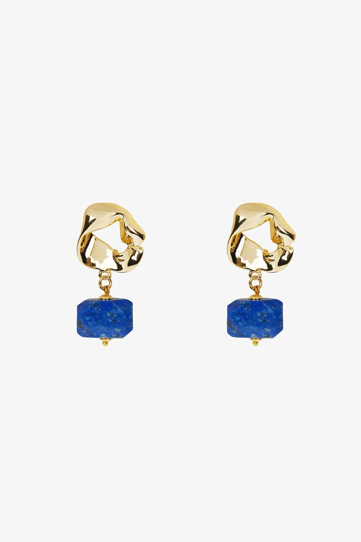Lapis Taş Detaylı Gold Küpe