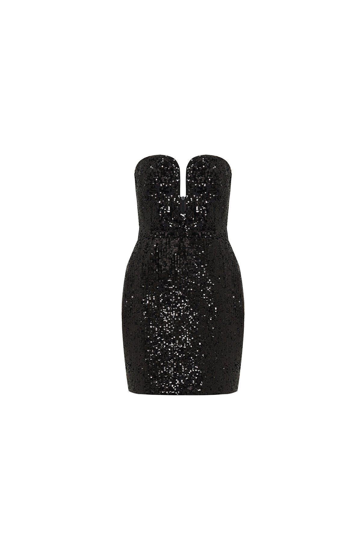 Straplez Payet Siyah Mini Elbise