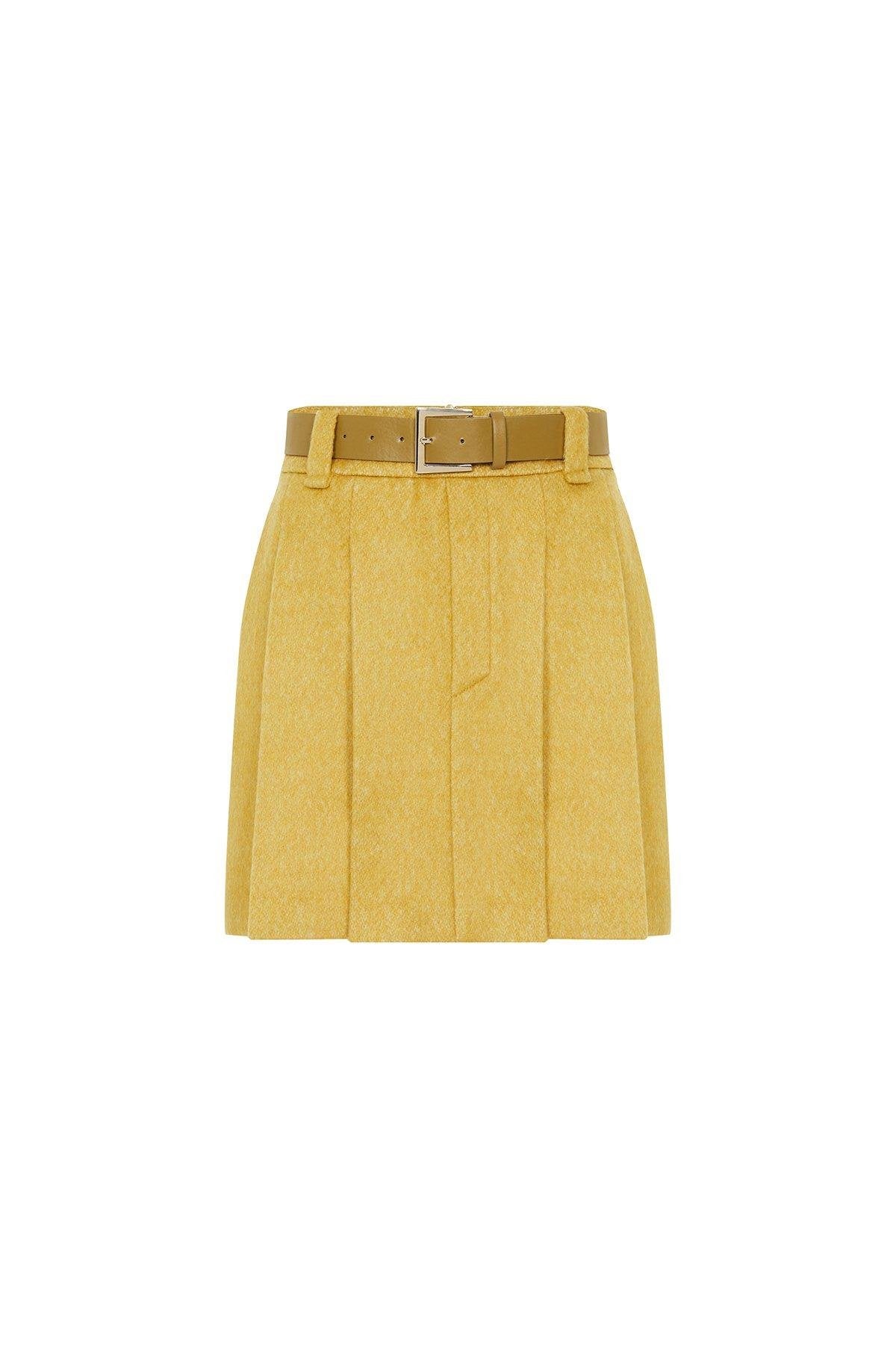 Yün Dokulu Pileli Haki Mini Etek