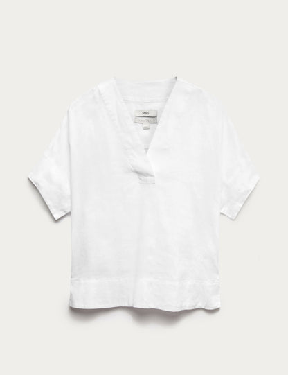 %100 Keten V Yaka Popover Bluz