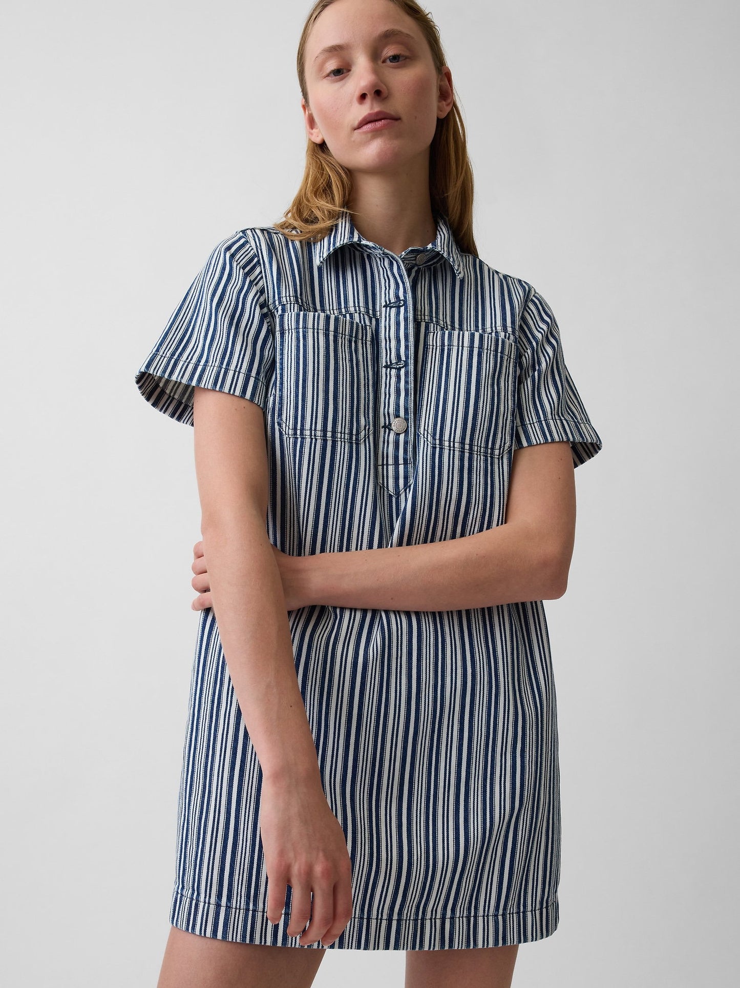 Mavi Denim Çizgili Popover Mini Elbise