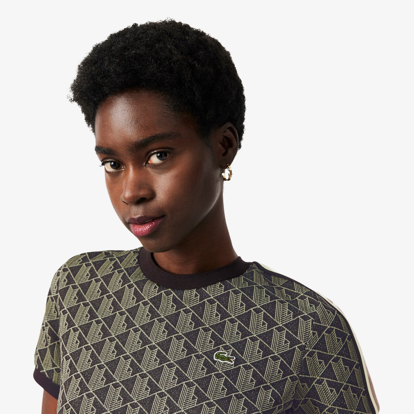 Lacoste Kadın Slim Fit Bisiklet Yaka Monogram Kahverengi T-shirt