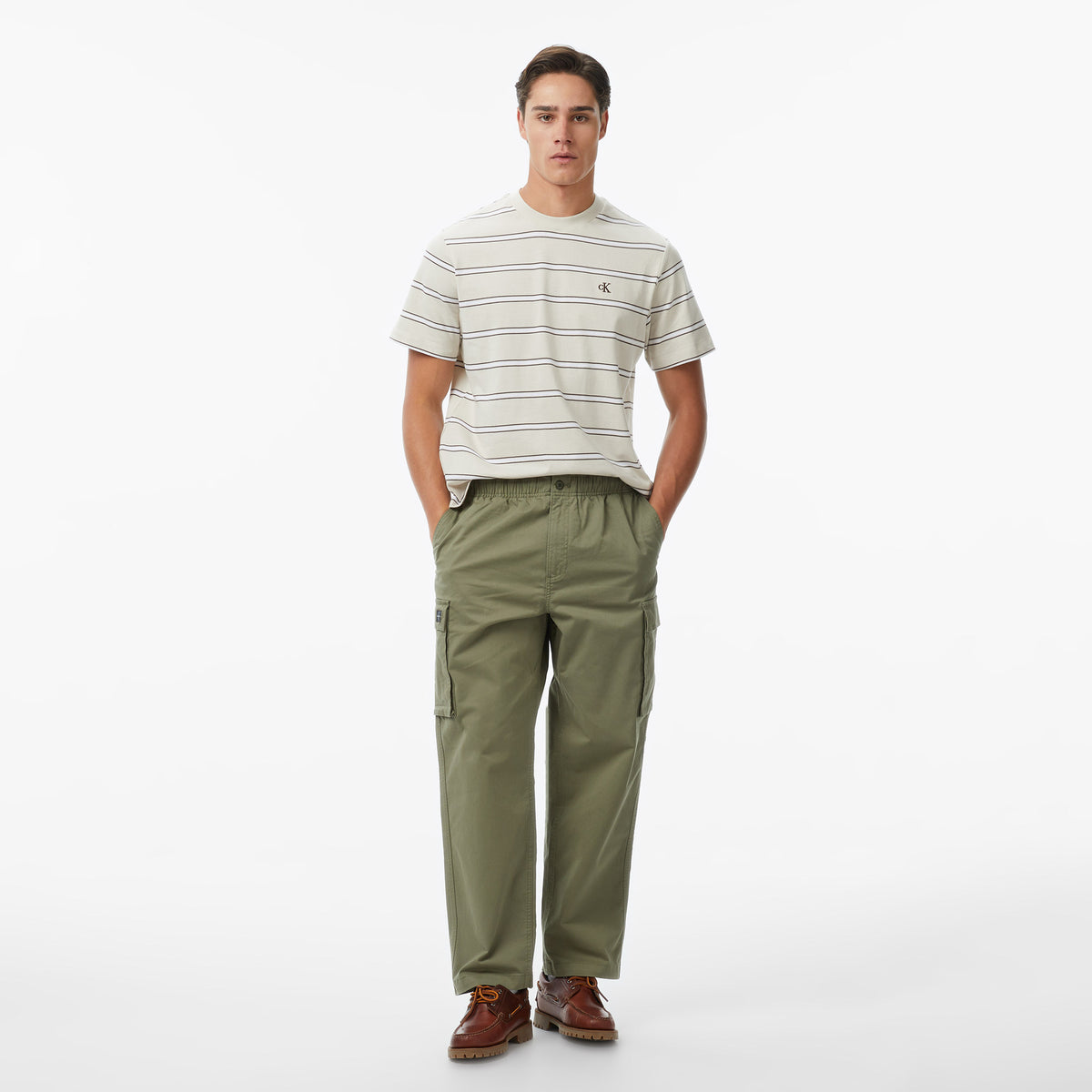 Calvin Klein Easy Stripe Crewnk Erkek Bej T-shirt