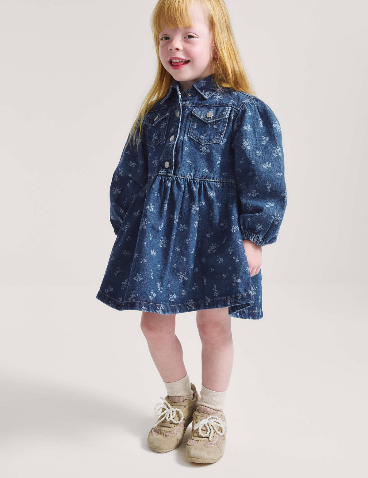 Çiçek Desenli Denim Çocuk Elbise