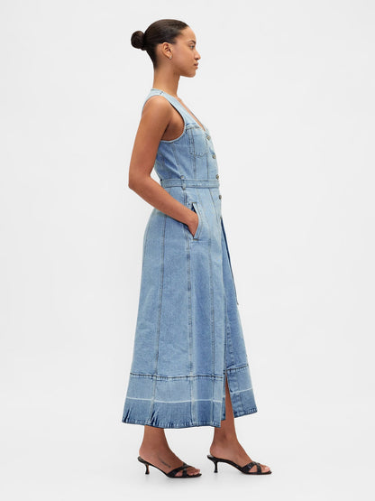 Açık Mavi Denim Kemerli Düğmeli Maxi Elbise