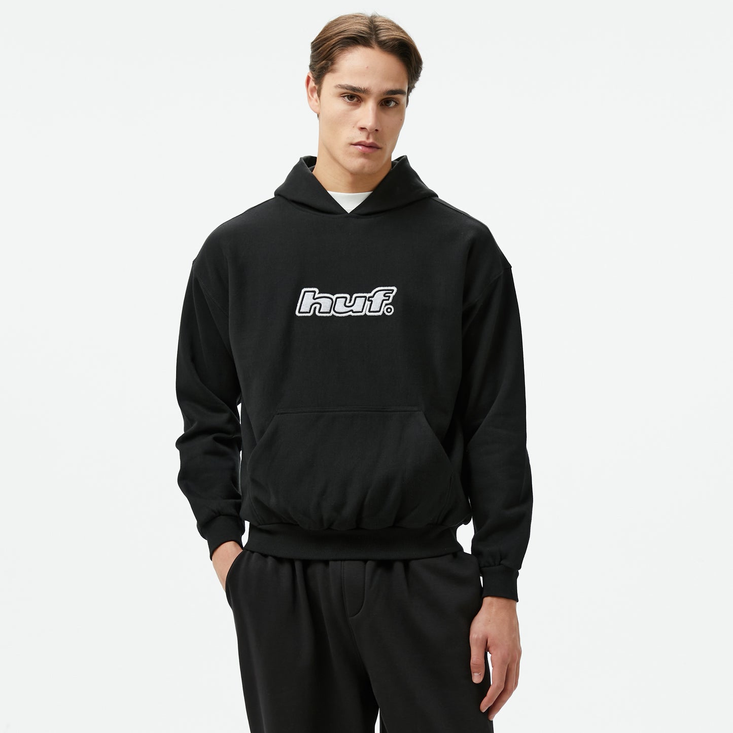 Huf Logo Applique Hooded Fleece Erkek Siyah Hoodie