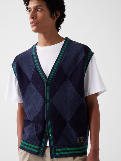 Lacivert Gap × Malbon Oversized Argyle Desenli Yelek