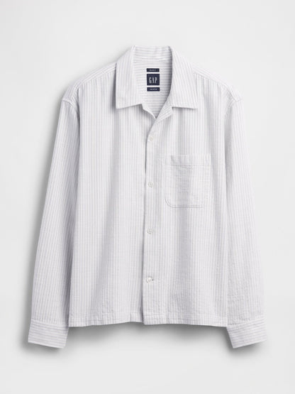 Beyaz Dobby Çizgili Relaxed Straight-hem Gömlek