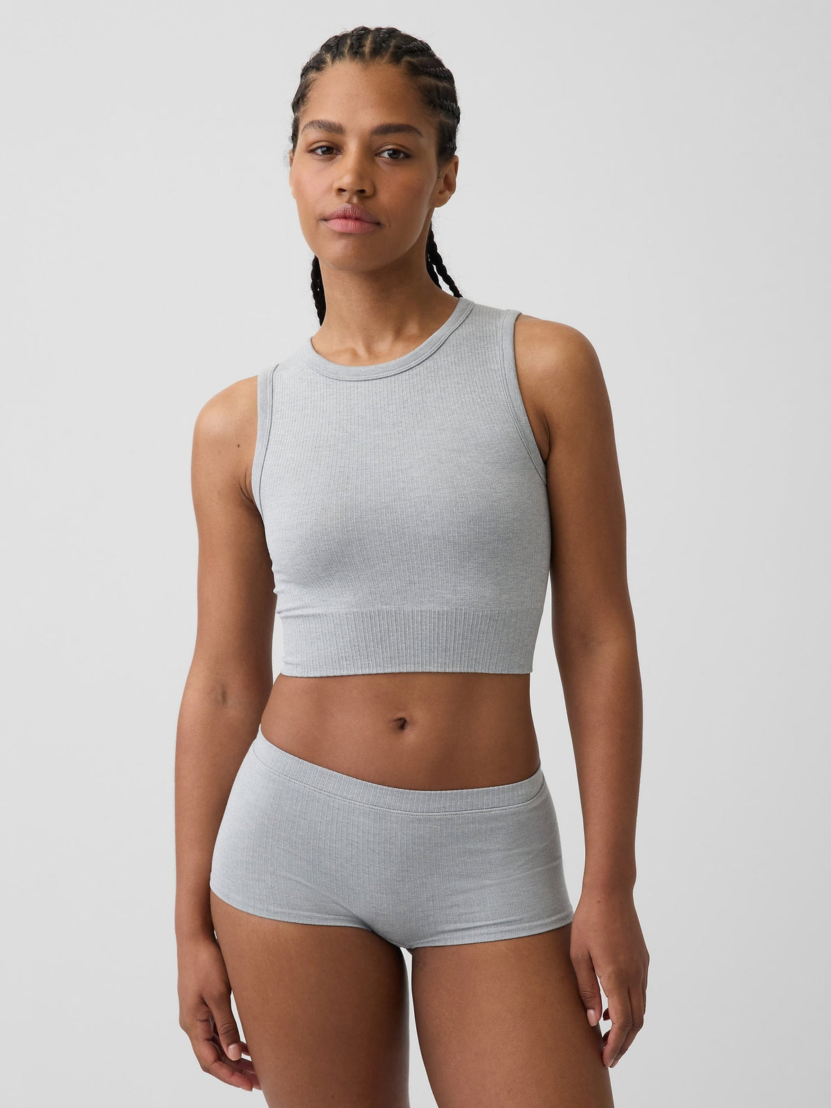Gri Fitilli Seamless Crop Kolsuz Üst
