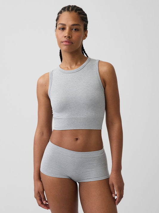 Gri Fitilli Seamless Crop Kolsuz Üst