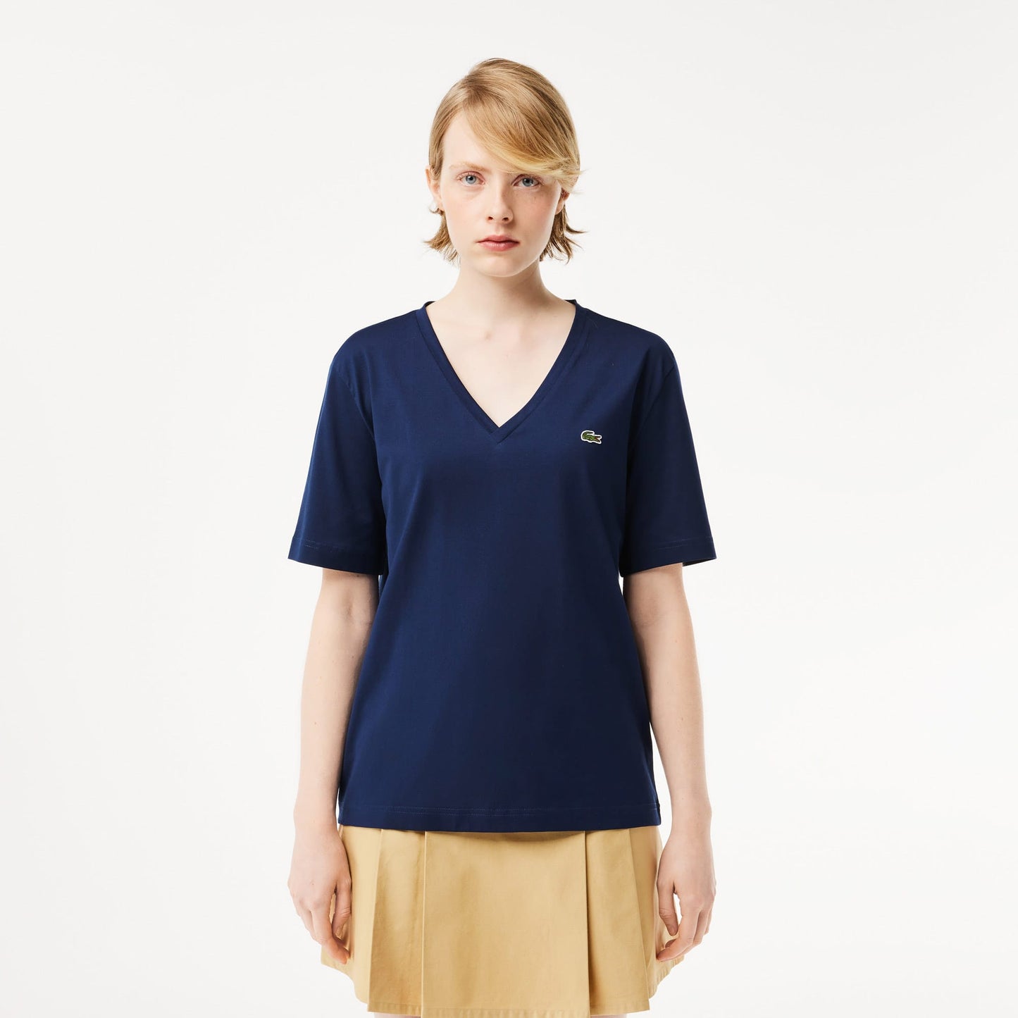 Lacoste Kadın Relaxed Fit V Yaka Lacivert T-shirt