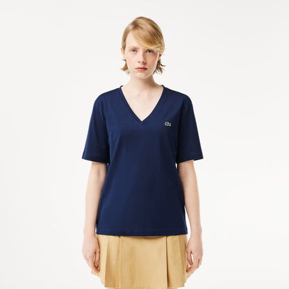 Lacoste Kadın Relaxed Fit V Yaka Lacivert T-shirt